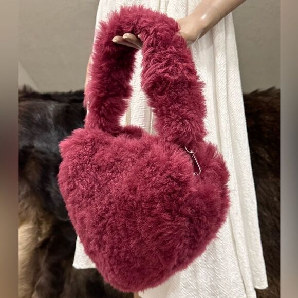 Maroon Handmade Dyed Genuine Shearling Heart Shaped & Fur Strap Bag, Crossbody - Picture 9 of 16